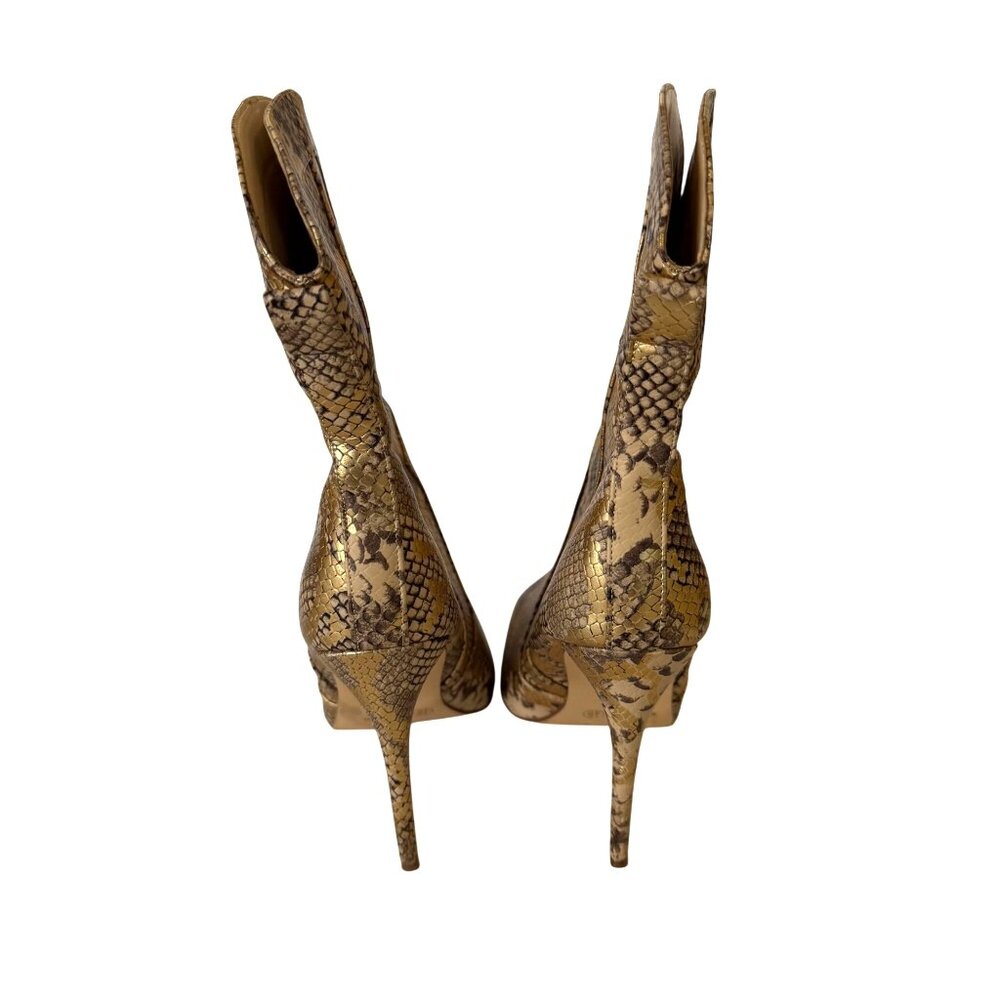 Anne Michelle Snakeskin Print Pointed Ankle Boots 10 High Heel Metallic Gold Tan - Picture 3 of 7